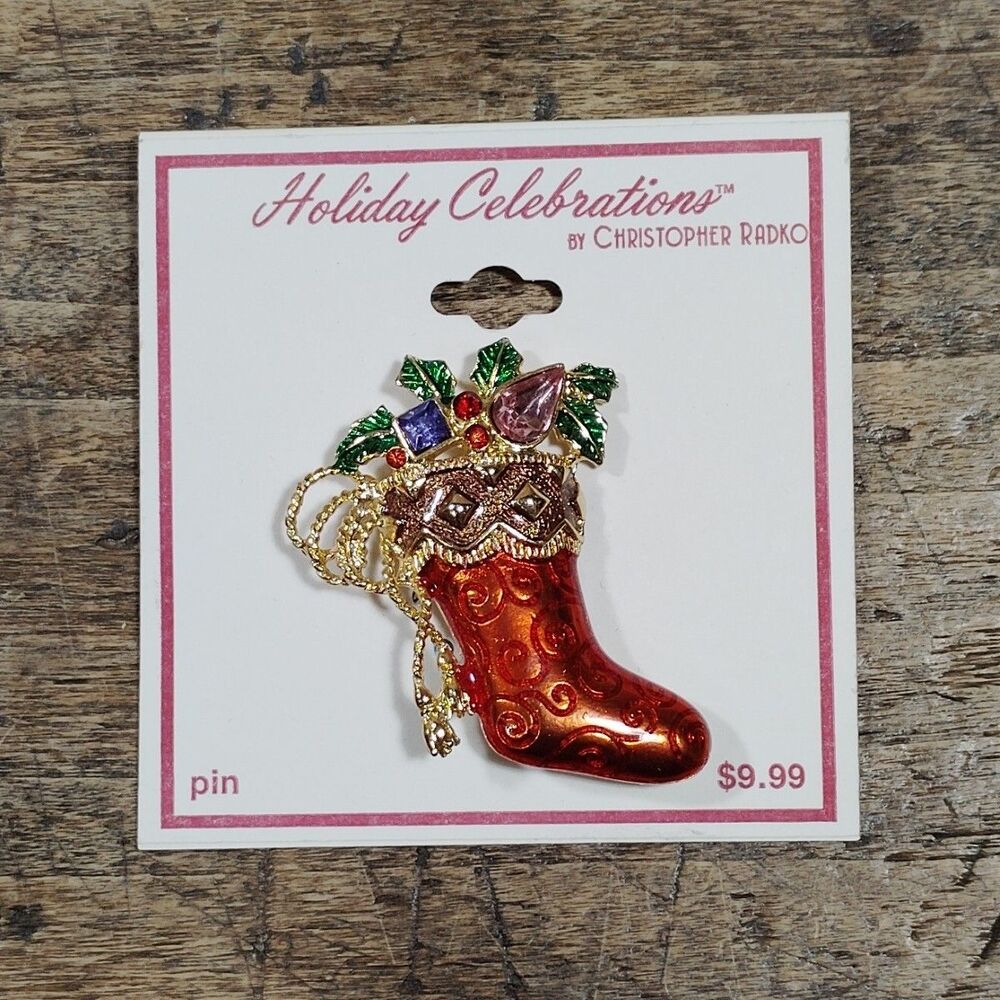 Christopher Radko Christmas Stocking Brooch Pin NEW Jewelry